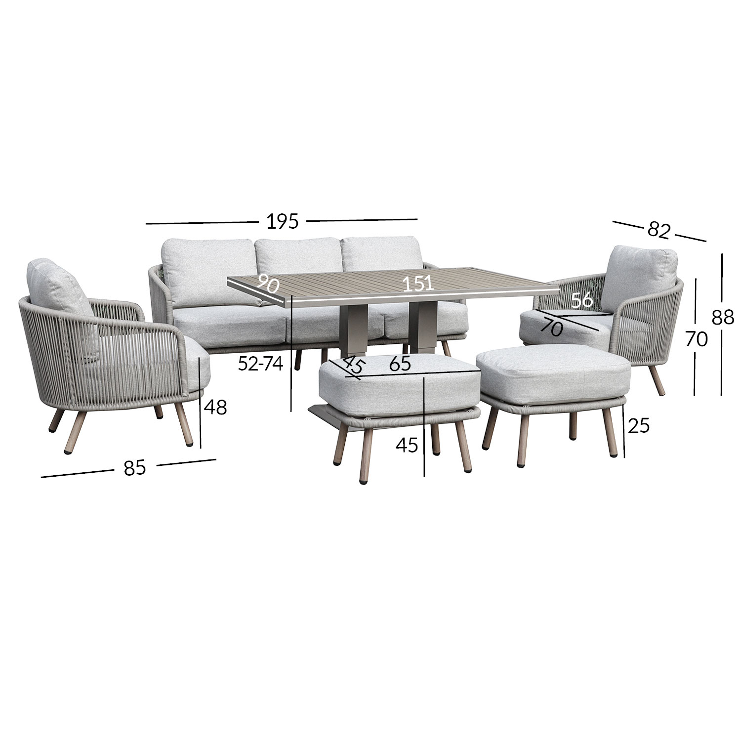 Aiamööblikomplekt MALISE laud, diivan, 2 tugitooli ja 2 tumbat, beež