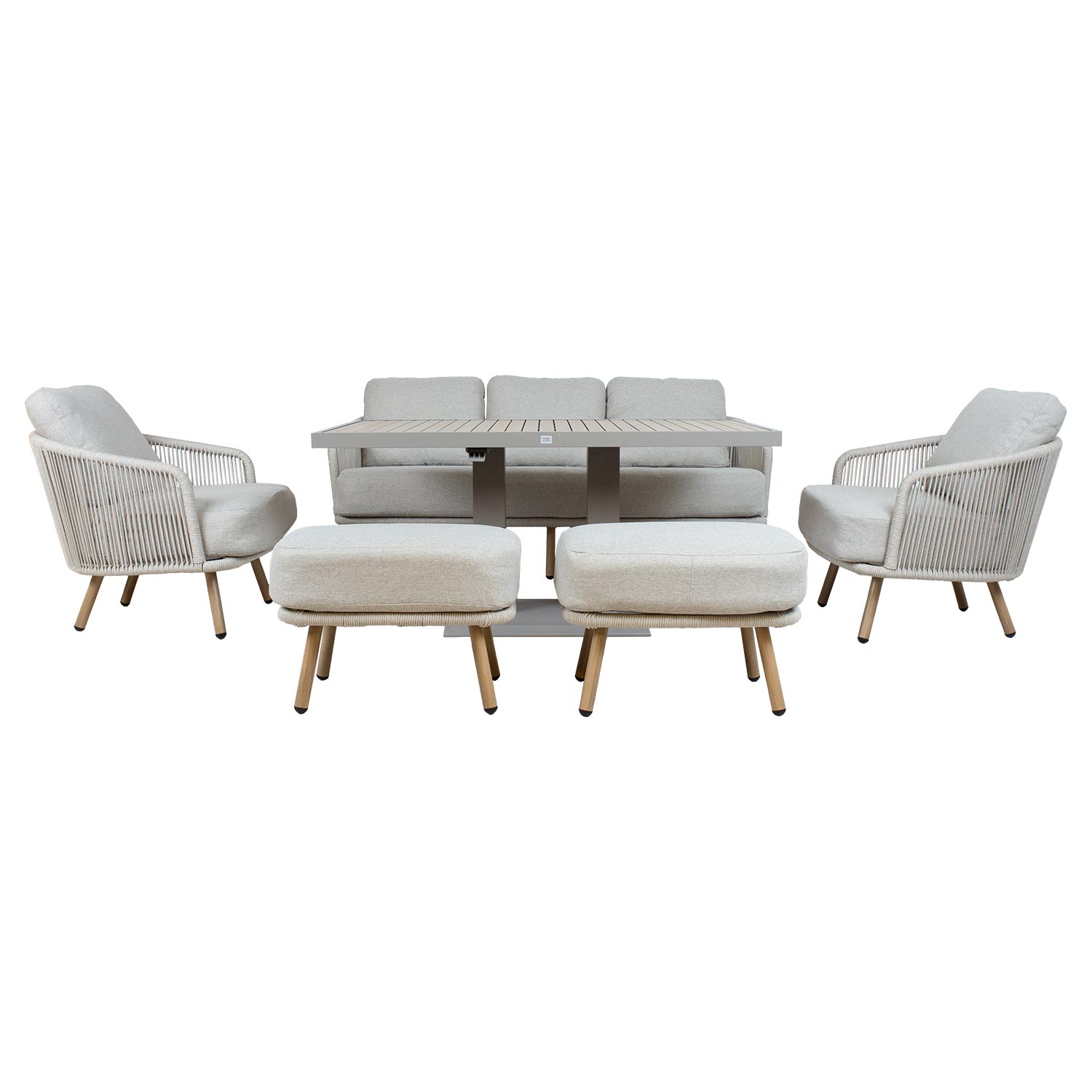 Aiamööblikomplekt MALISE laud, diivan, 2 tugitooli ja 2 tumbat, beež