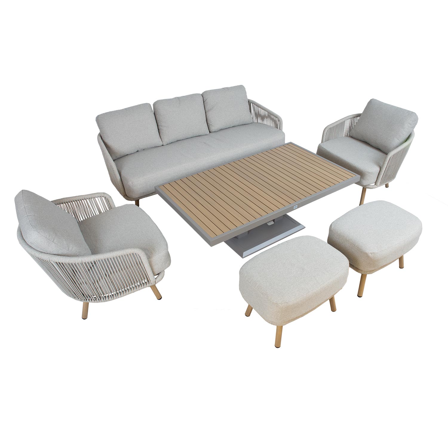 Aiamööblikomplekt MALISE laud, diivan, 2 tugitooli ja 2 tumbat, beež