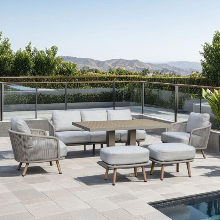 Aiamööblikomplekt MALISE laud, diivan, 2 tugitooli ja 2 tumbat, beež - Image 9