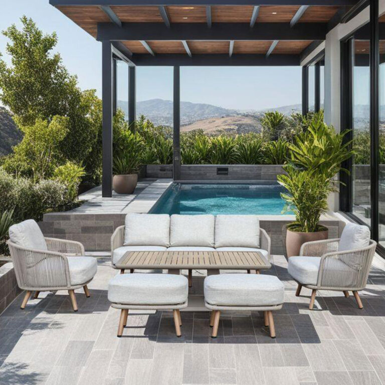 Aiamööblikomplekt MALISE laud, diivan, 2 tugitooli ja 2 tumbat, beež - Image 10