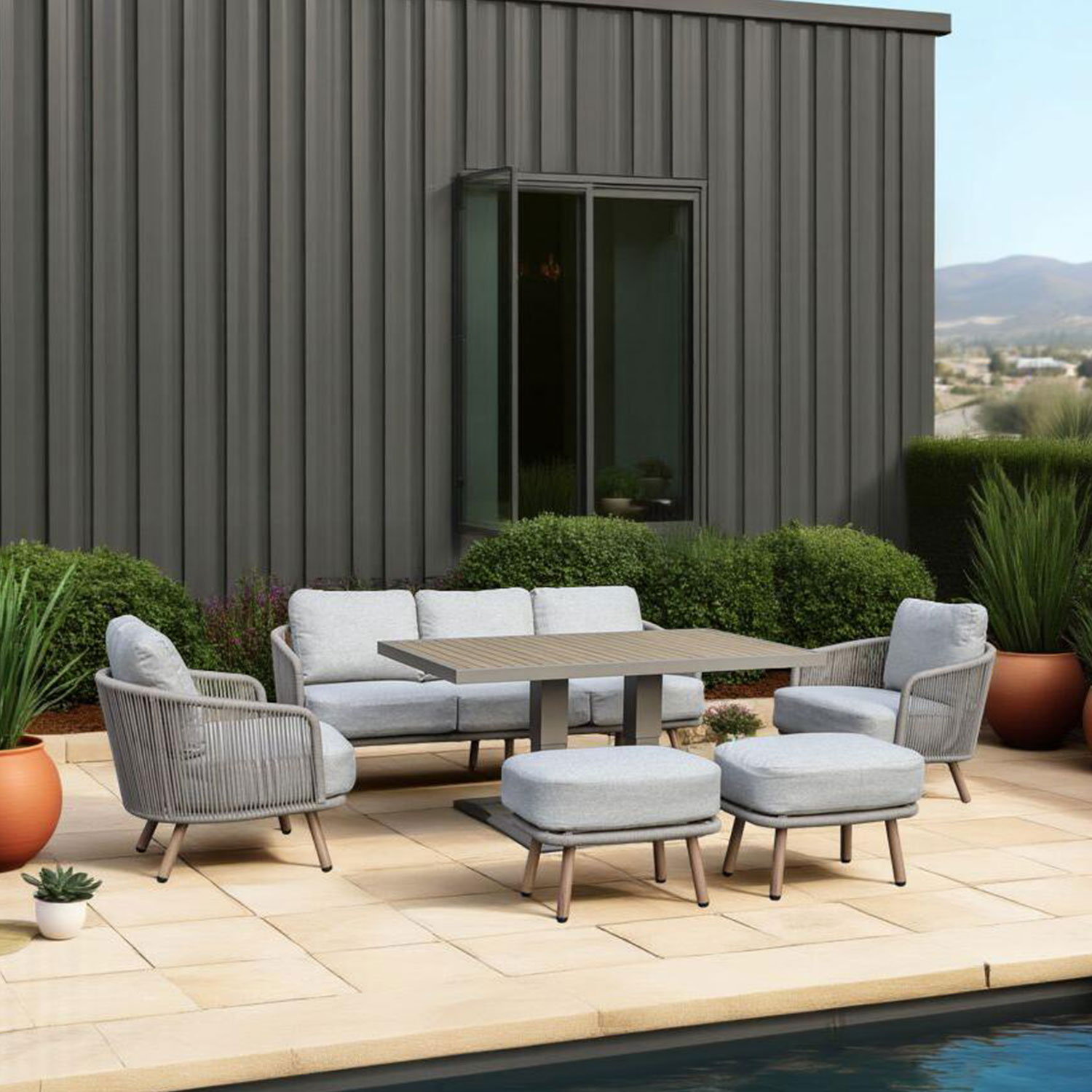 Aiamööblikomplekt MALISE laud, diivan, 2 tugitooli ja 2 tumbat, beež