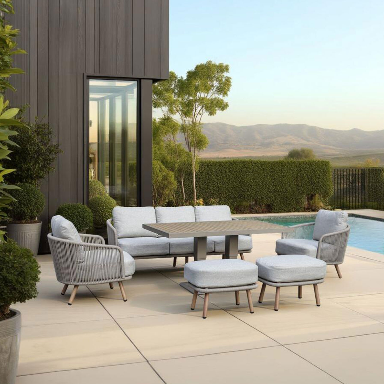 Aiamööblikomplekt MALISE laud, diivan, 2 tugitooli ja 2 tumbat, beež