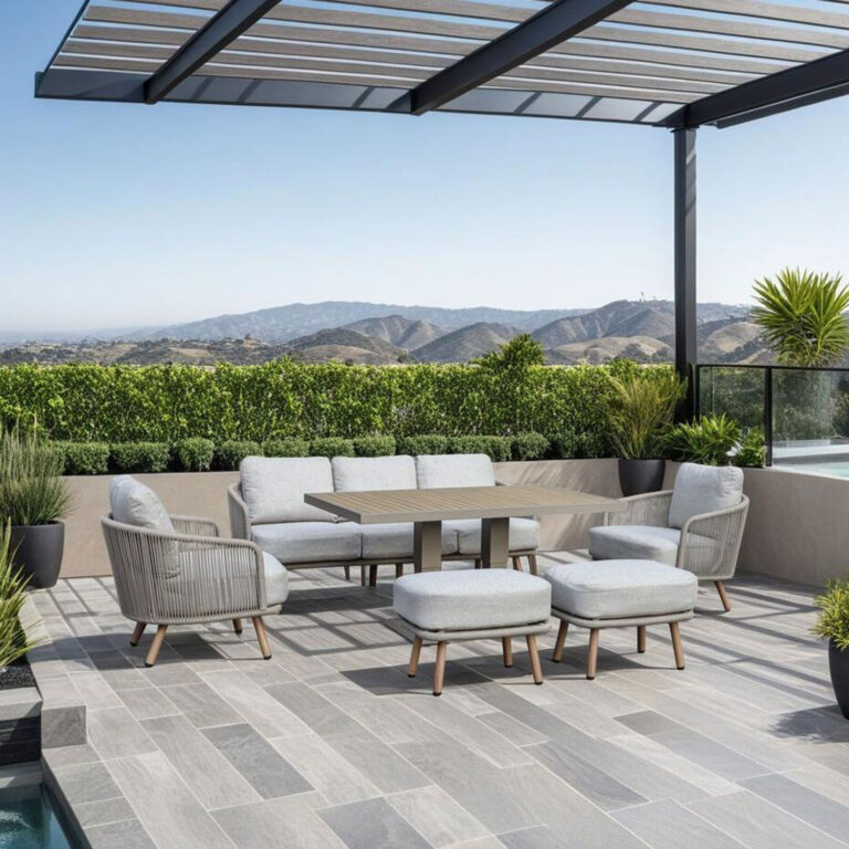 Aiamööblikomplekt MALISE laud, diivan, 2 tugitooli ja 2 tumbat, beež - Image 14