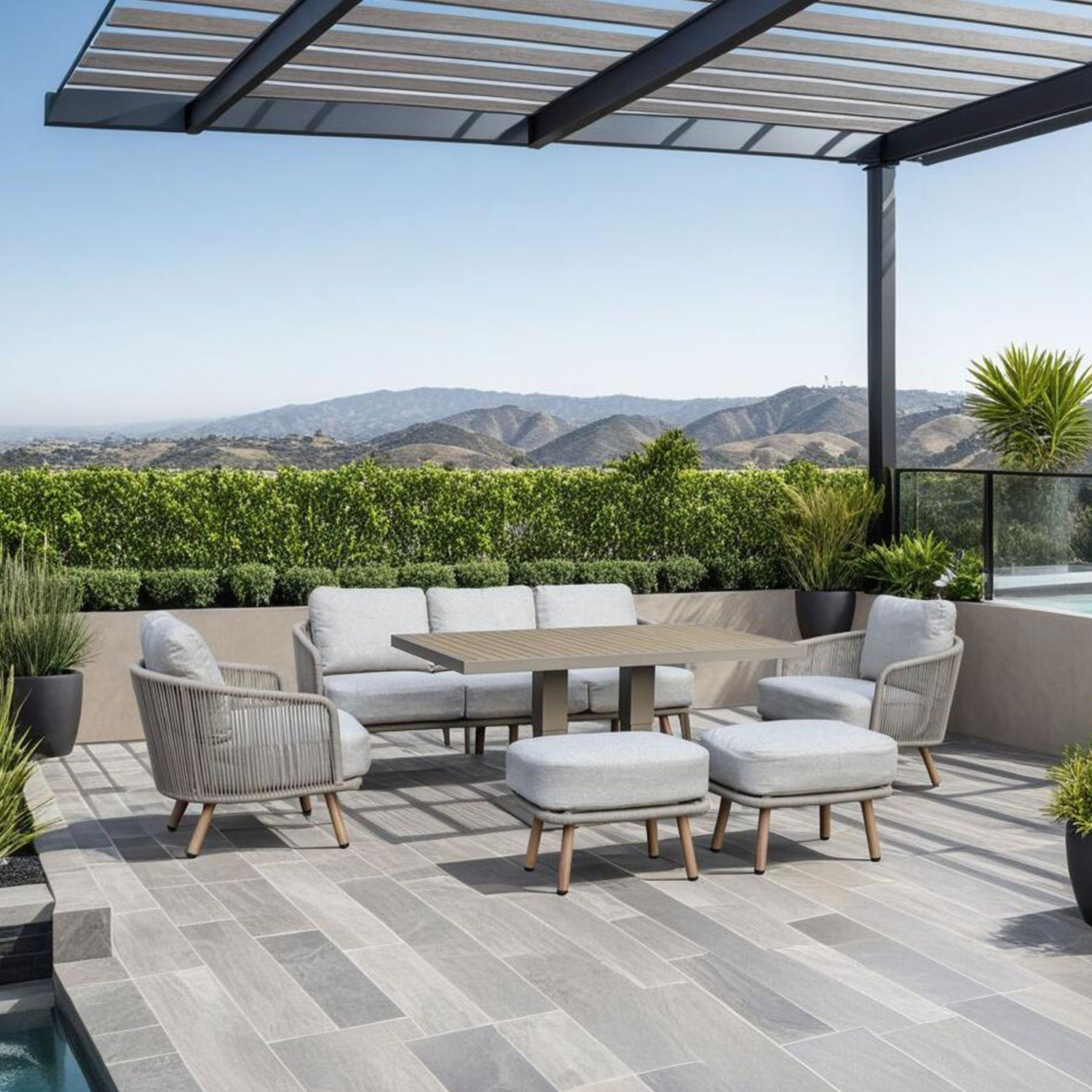 Aiamööblikomplekt MALISE laud, diivan, 2 tugitooli ja 2 tumbat, beež