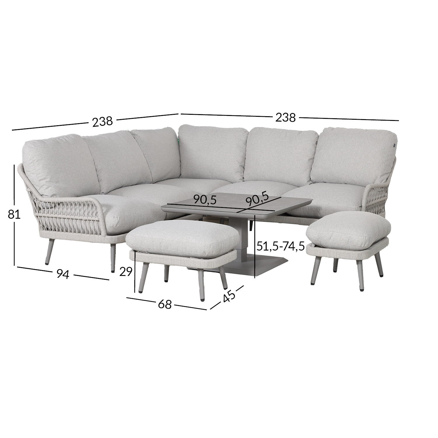 Aiamööblikomplekt MARENDA laud, nurgadiivan ja 2 tumbat, hall/beež