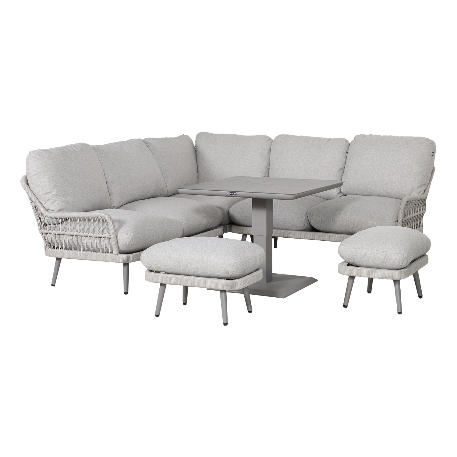 Aiamööblikomplekt MARENDA laud, nurgadiivan ja 2 tumbat, hall/beež