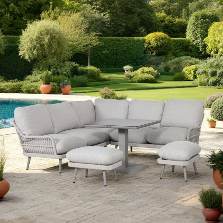 Aiamööblikomplekt MARENDA laud, nurgadiivan ja 2 tumbat, hall/beež - Image 3