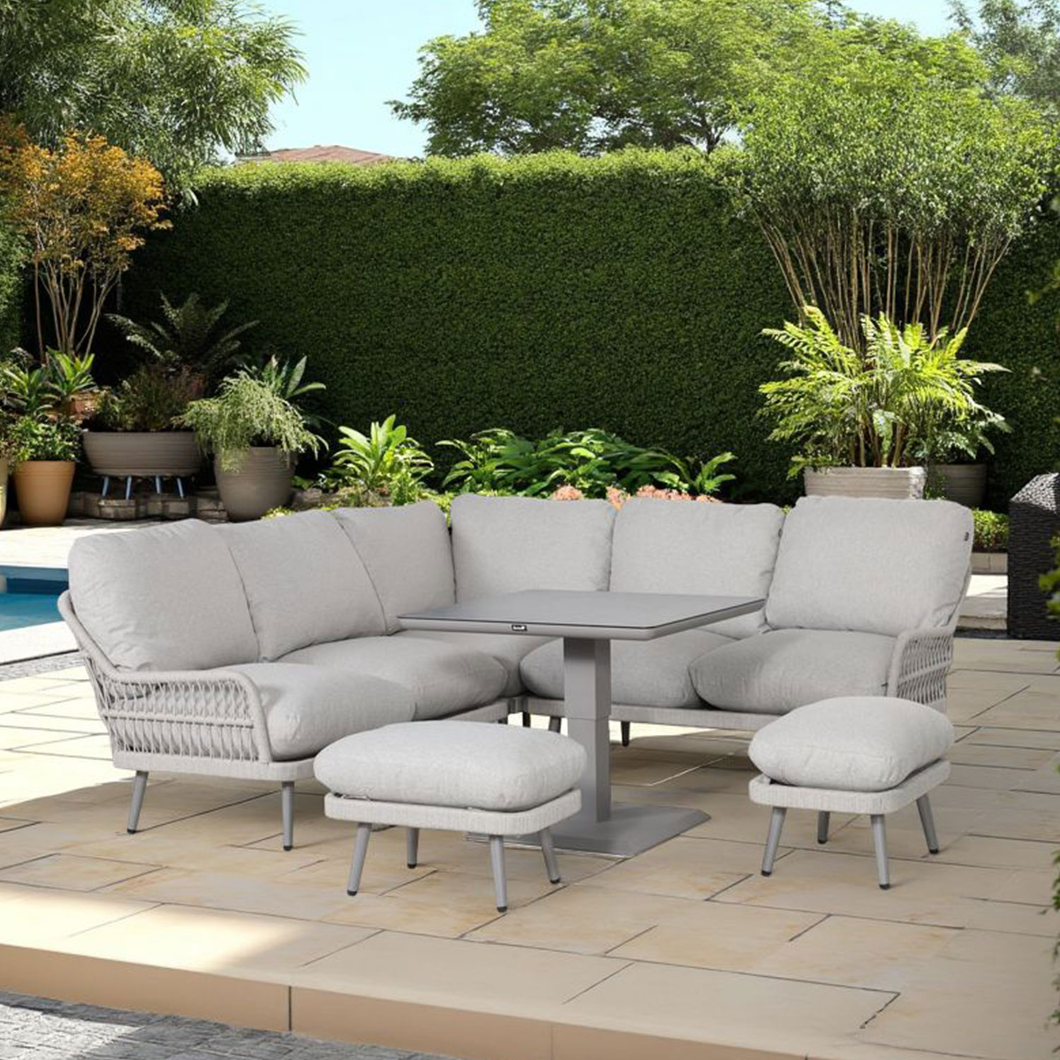 Aiamööblikomplekt MARENDA laud, nurgadiivan ja 2 tumbat, hall/beež