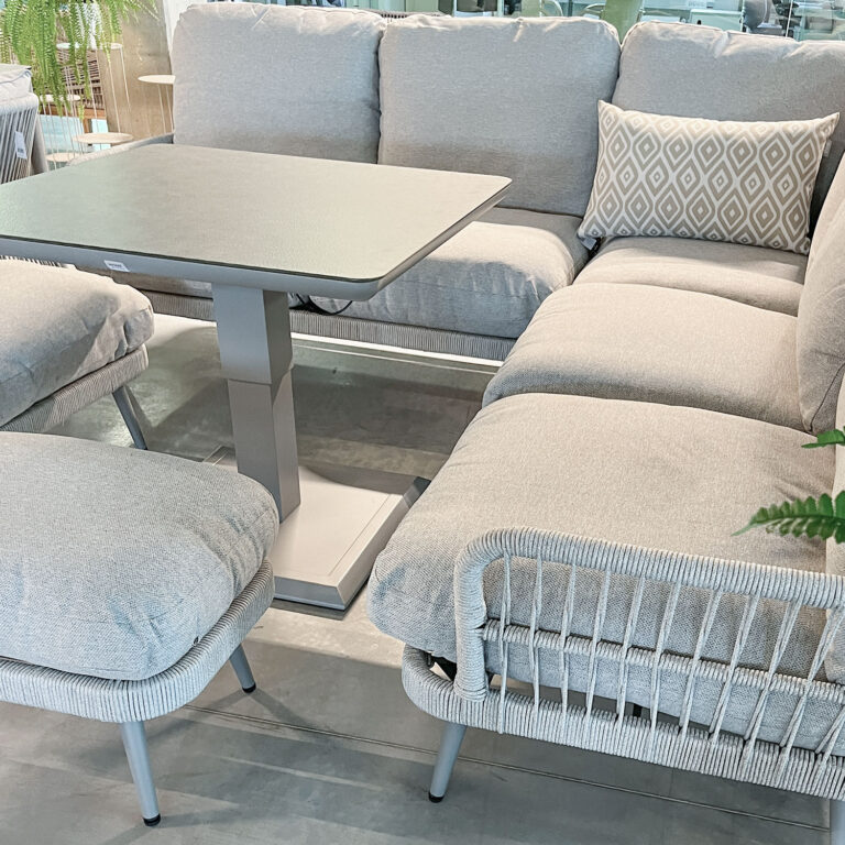 Aiamööblikomplekt MARENDA laud, nurgadiivan ja 2 tumbat, hall/beež - Image 6