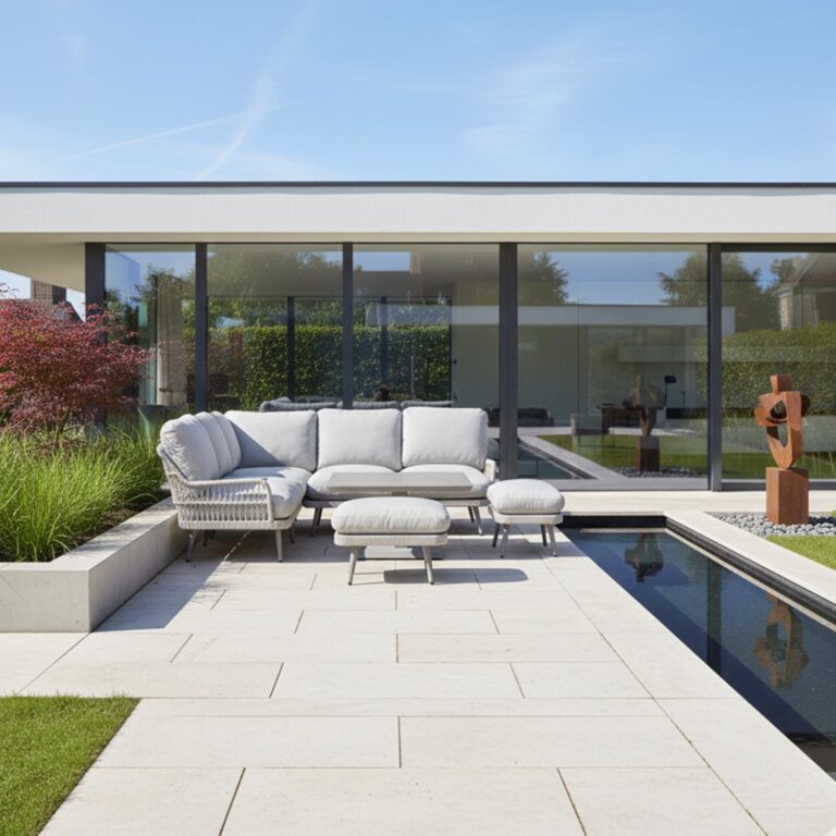 Aiamööblikomplekt MARENDA laud, nurgadiivan ja 2 tumbat, hall/beež - Image 9