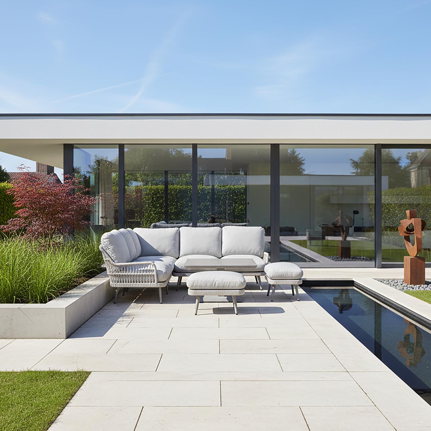 Aiamööblikomplekt MARENDA laud, nurgadiivan ja 2 tumbat, hall/beež