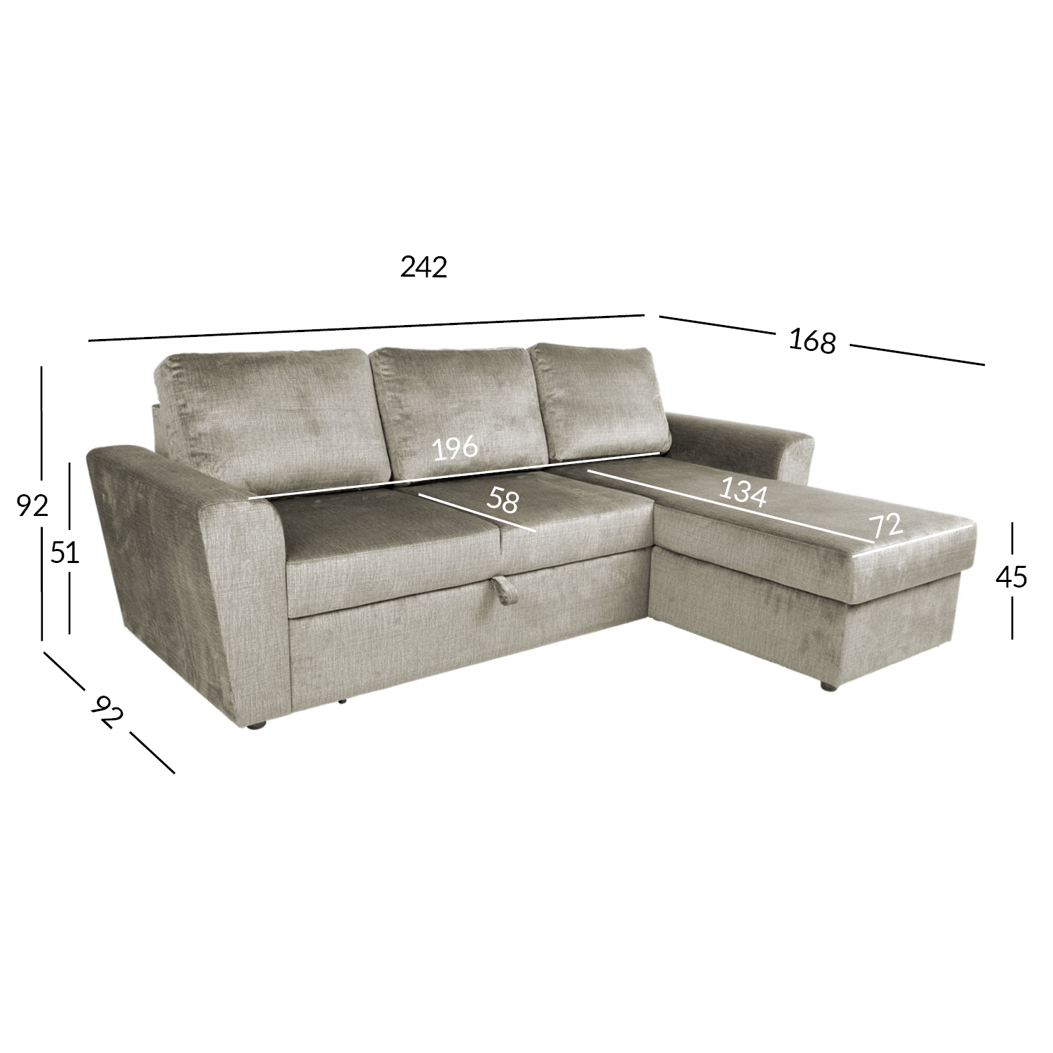 Nurgadiivanvoodi INGMAR 242x168/92xH92cm, beež samet