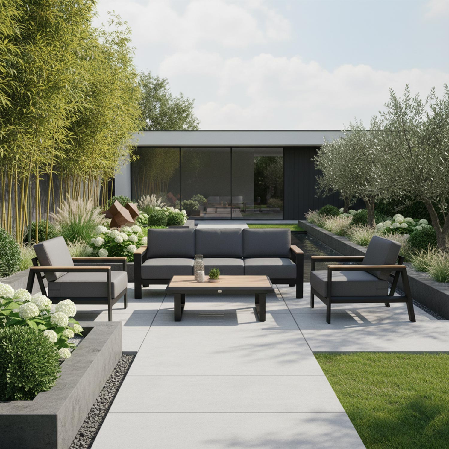 Aiamööblikomplekt FELINO laud, diivan ja 2 tugitooli, must