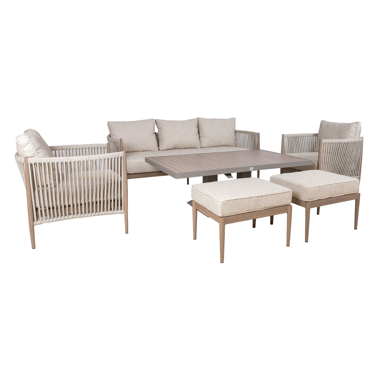 Aiamööblikomplekt MEDINA laud, diivan, 2 tugitooli ja 2 tumbat, beež