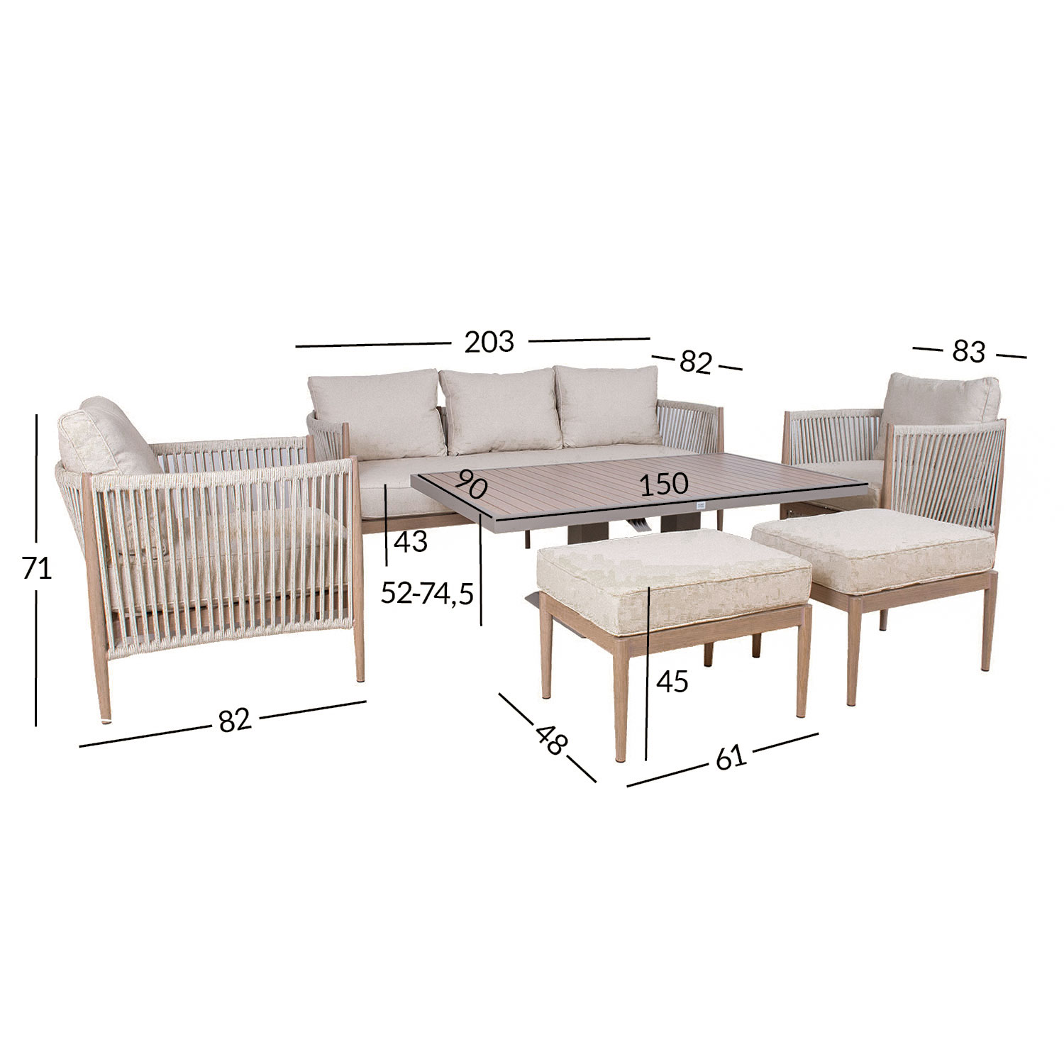 Aiamööblikomplekt MEDINA laud, diivan, 2 tugitooli ja 2 tumbat, beež