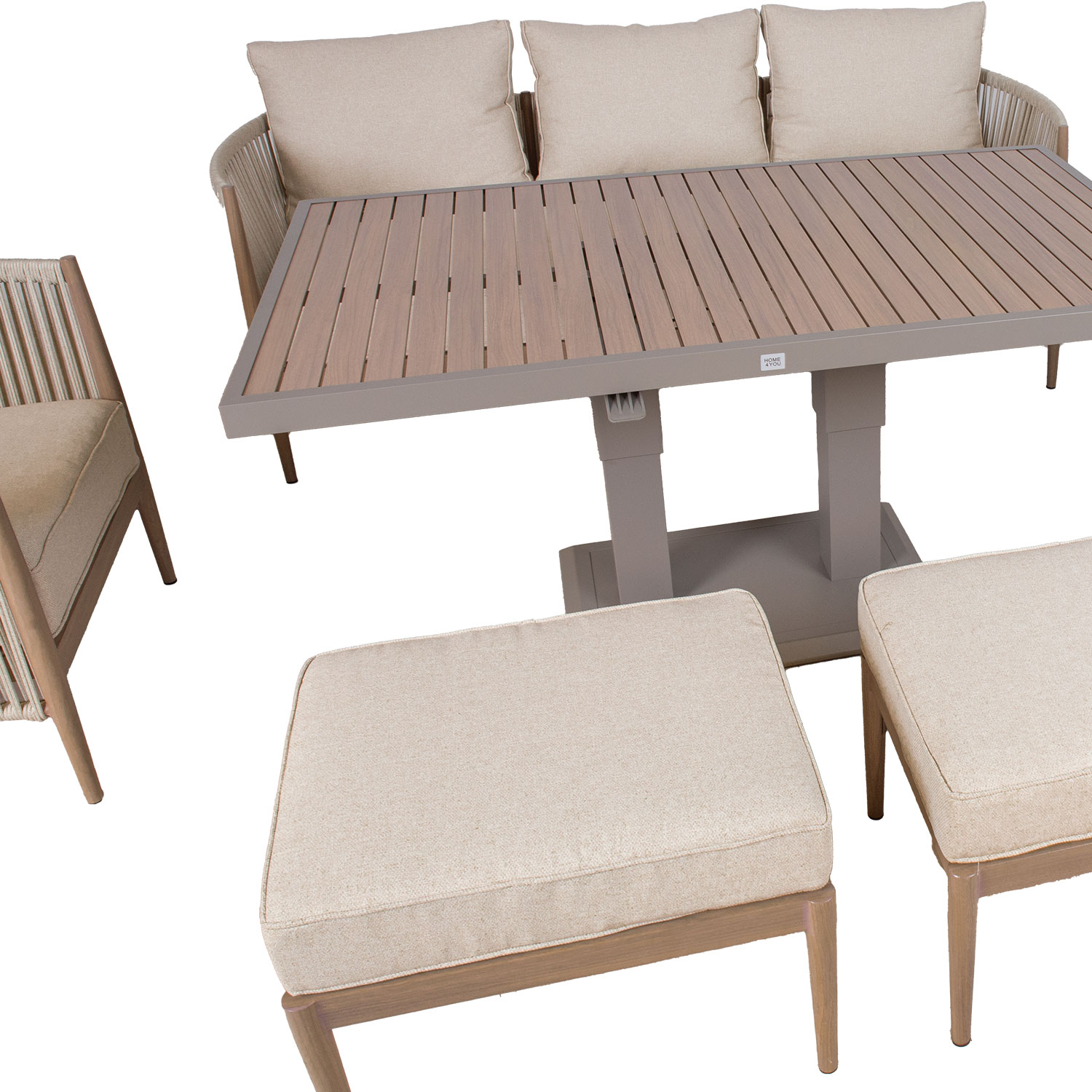 Aiamööblikomplekt MEDINA laud, diivan, 2 tugitooli ja 2 tumbat, beež
