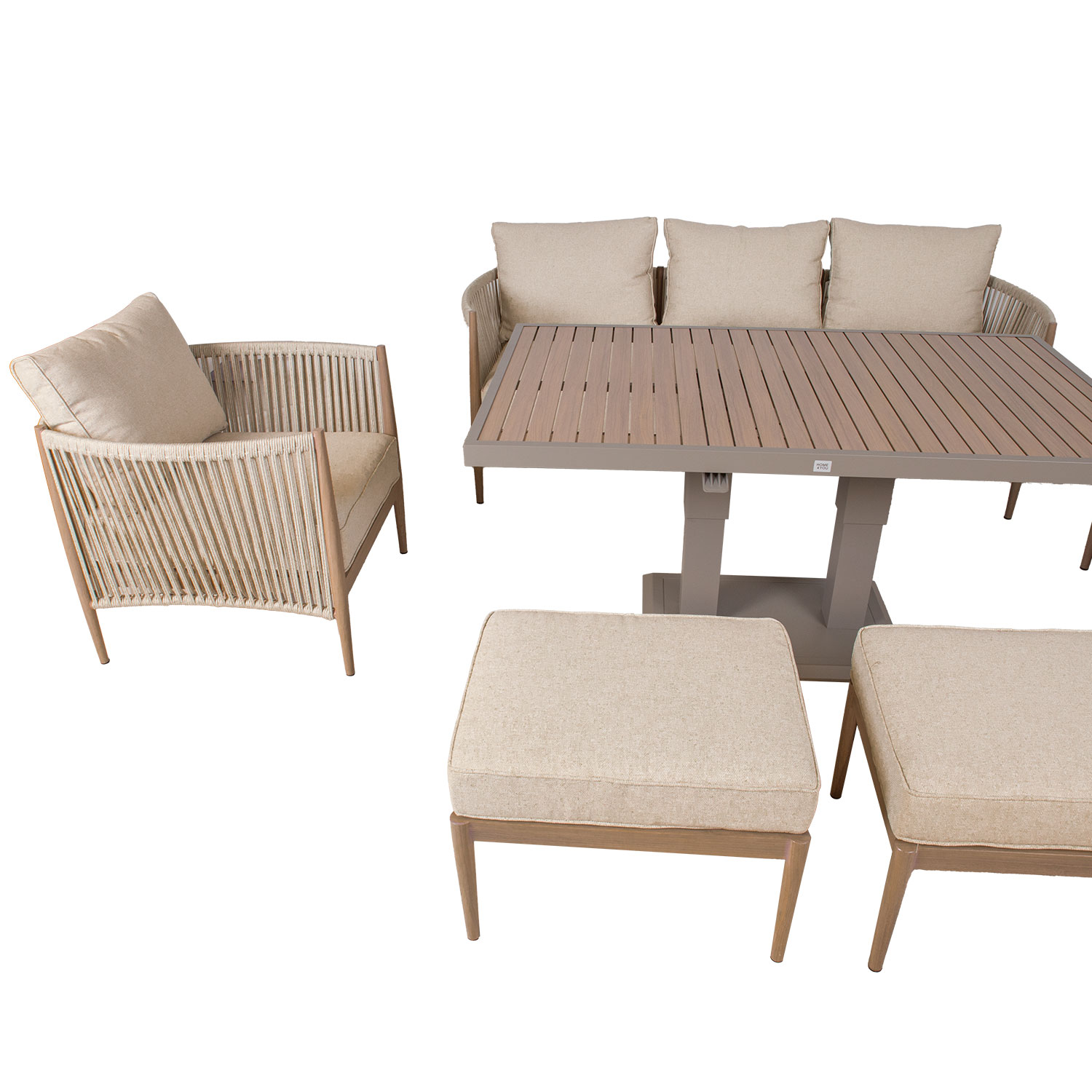 Aiamööblikomplekt MEDINA laud, diivan, 2 tugitooli ja 2 tumbat, beež