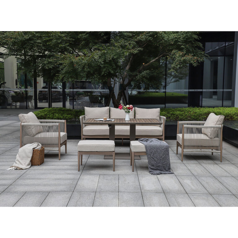 Aiamööblikomplekt MEDINA laud, diivan, 2 tugitooli ja 2 tumbat, beež - Image 8