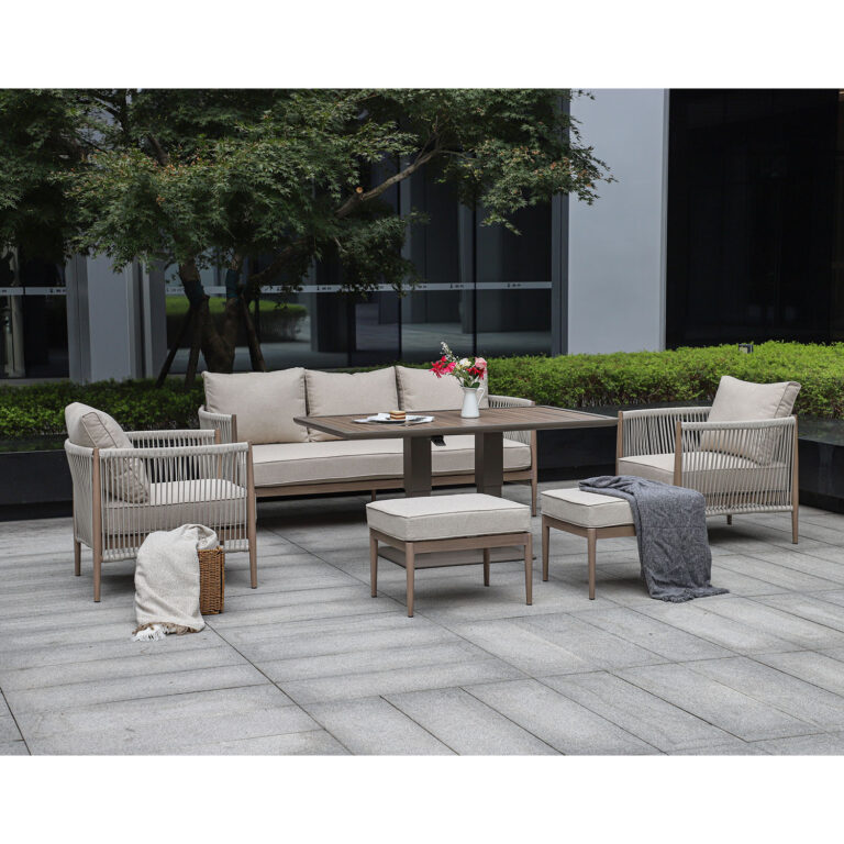 Aiamööblikomplekt MEDINA laud, diivan, 2 tugitooli ja 2 tumbat, beež - Image 9