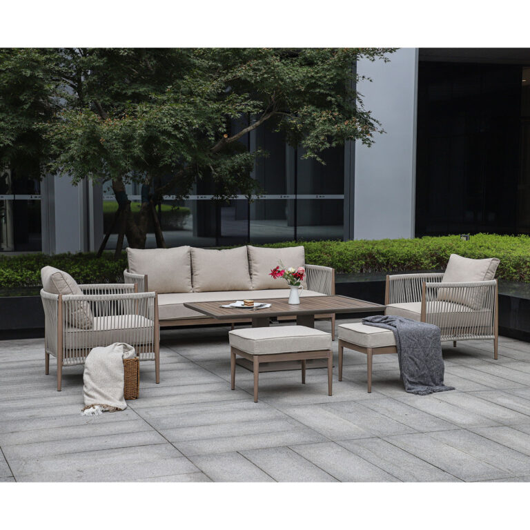Aiamööblikomplekt MEDINA laud, diivan, 2 tugitooli ja 2 tumbat, beež - Image 10