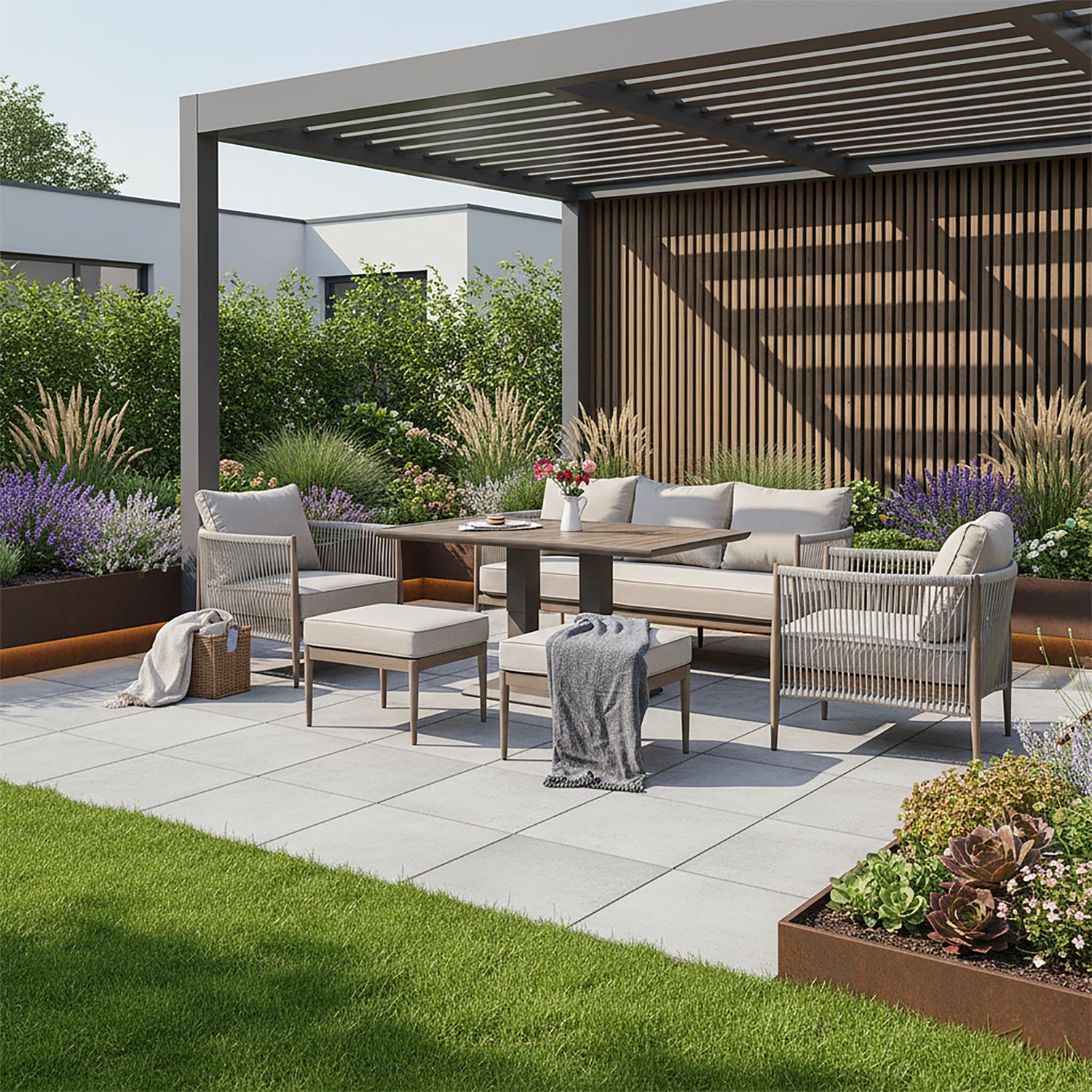 Aiamööblikomplekt MEDINA laud, diivan, 2 tugitooli ja 2 tumbat, beež