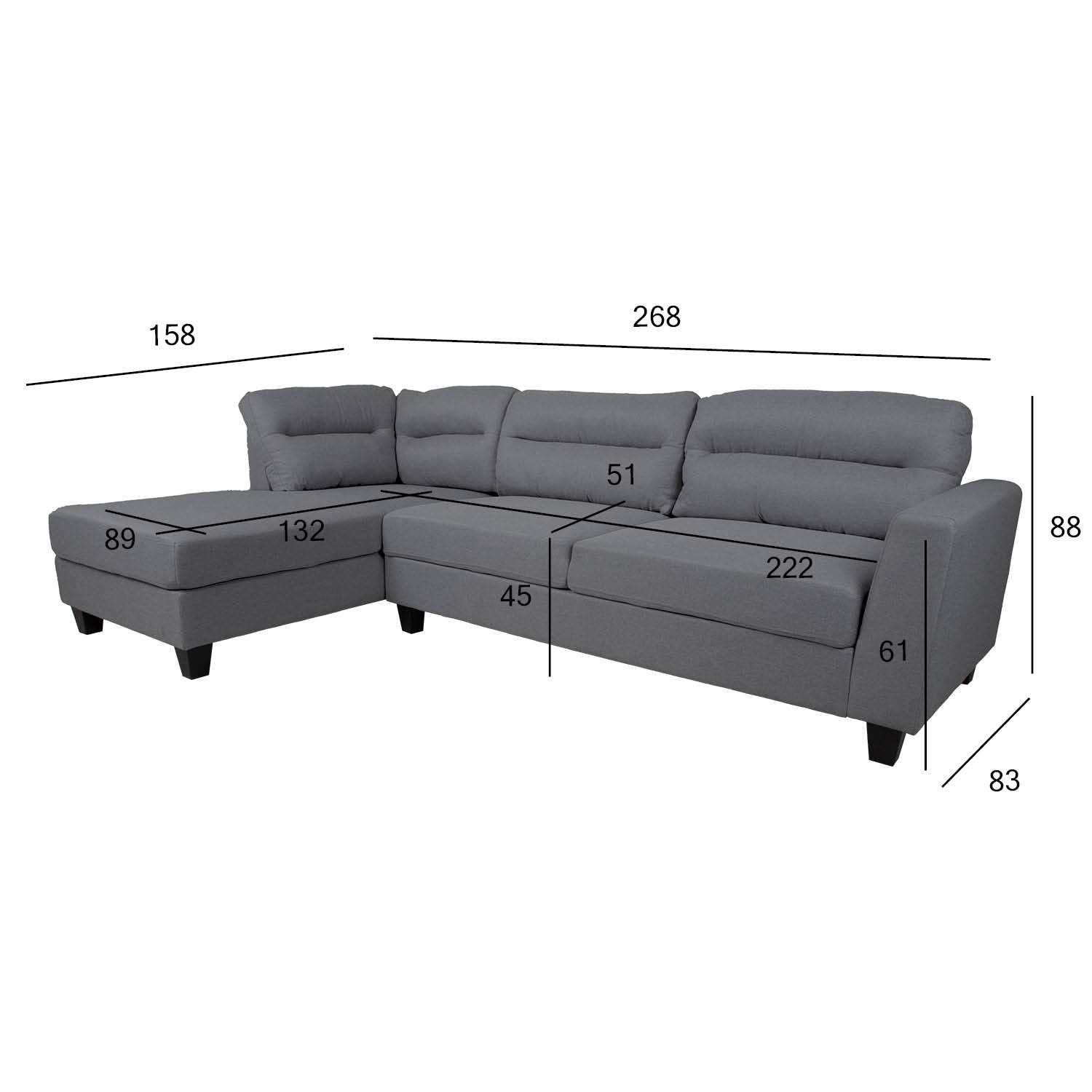 Nurgadiivan HELSINKI VN 268x158/83xH88cm, tumehall