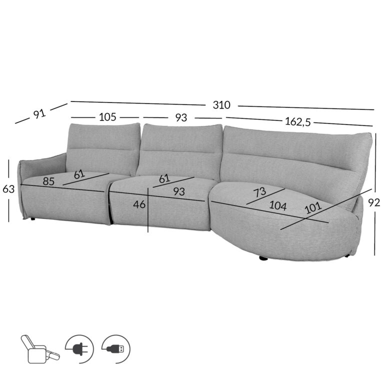 Nurgadiivan CANNES PN elektriline recliner 310x91/101xH92cm, hall - Image 6