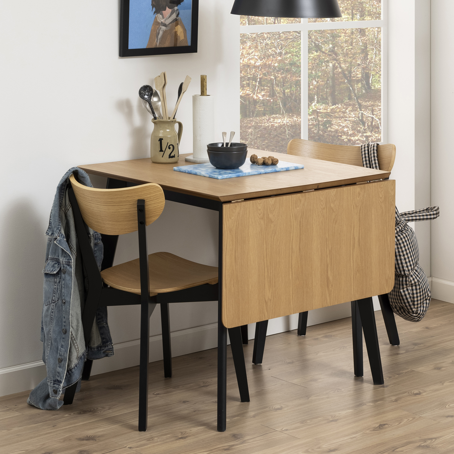 Söögilaud ROXBY, 80/120x80xH76cm, tamm/must, pikendatav, lauaplaat: naturaalse tamme spoon, lakitud, jalad: kummipuu - Image 3