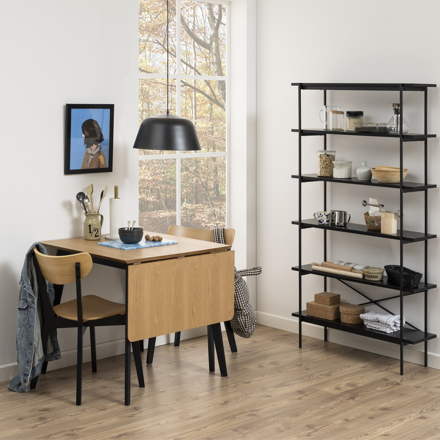 Söögilaud ROXBY, 80/120x80xH76cm, tamm/must, pikendatav, lauaplaat: naturaalse tamme spoon, lakitud, jalad: kummipuu - Image 4