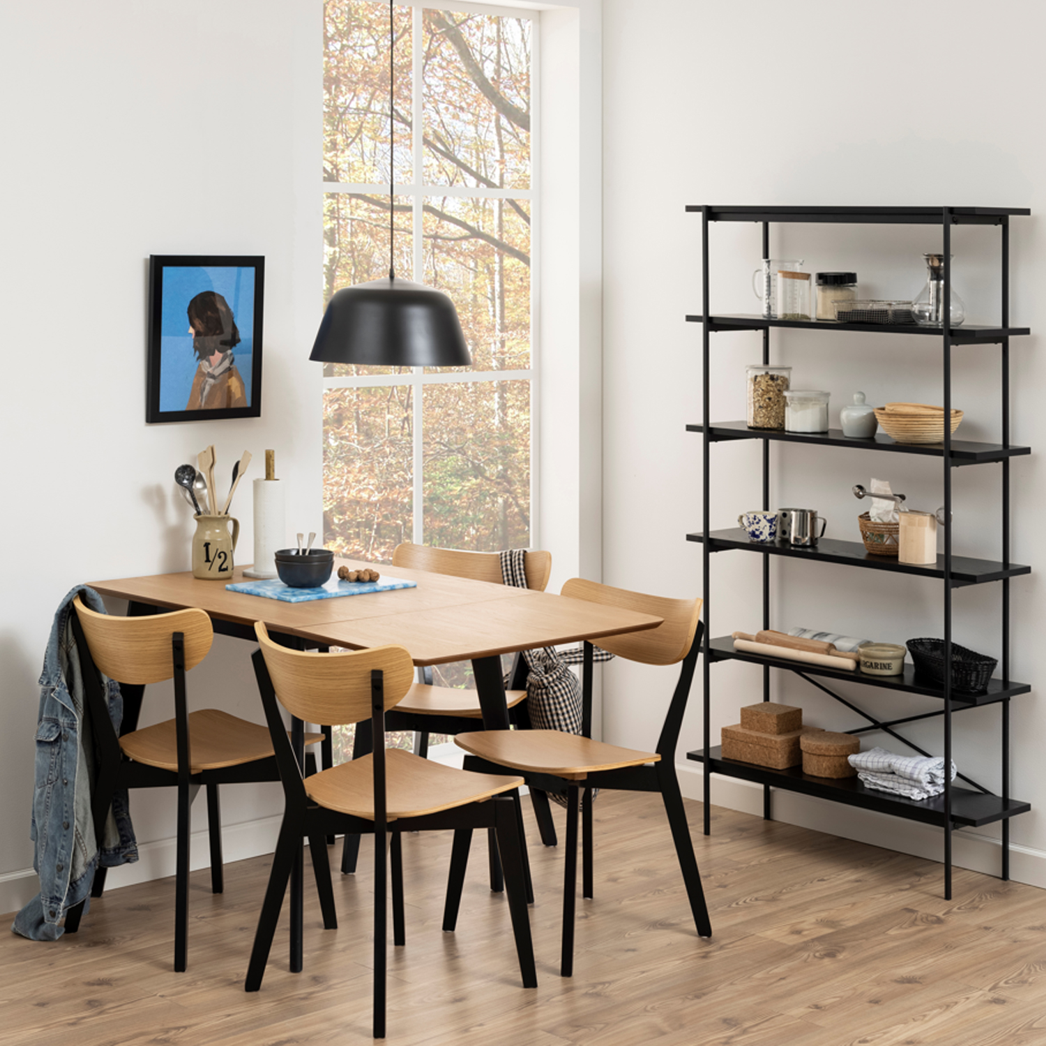 Söögilaud ROXBY, 80/120x80xH76cm, tamm/must, pikendatav, lauaplaat: naturaalse tamme spoon, lakitud, jalad: kummipuu - Image 7