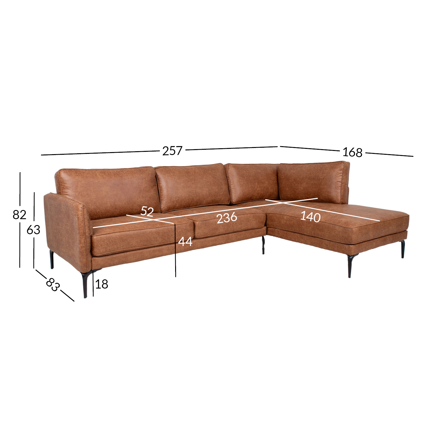 Nurgadiivan SOFIA PN 257x83/168xH82cm, pruun