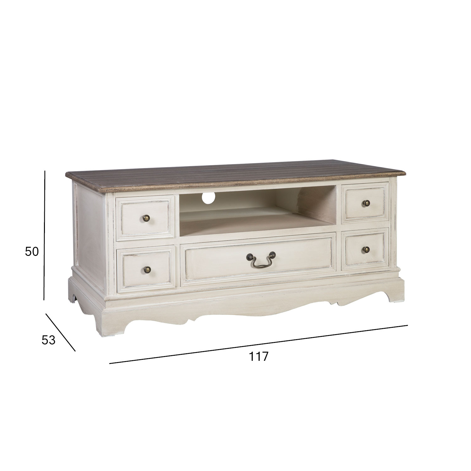 TV-laud SAMIRA NEW, 5-sahtliga, 117x53xH50cm, materjal: puit, värvus: antiikvalge/pruun