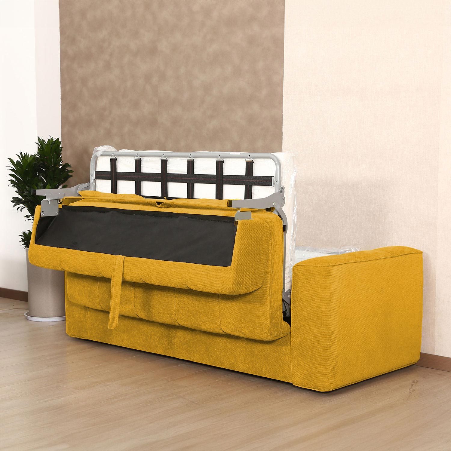 Diivanvoodi STELLA vedrumadratsiga 206x94xH70cm, kollane