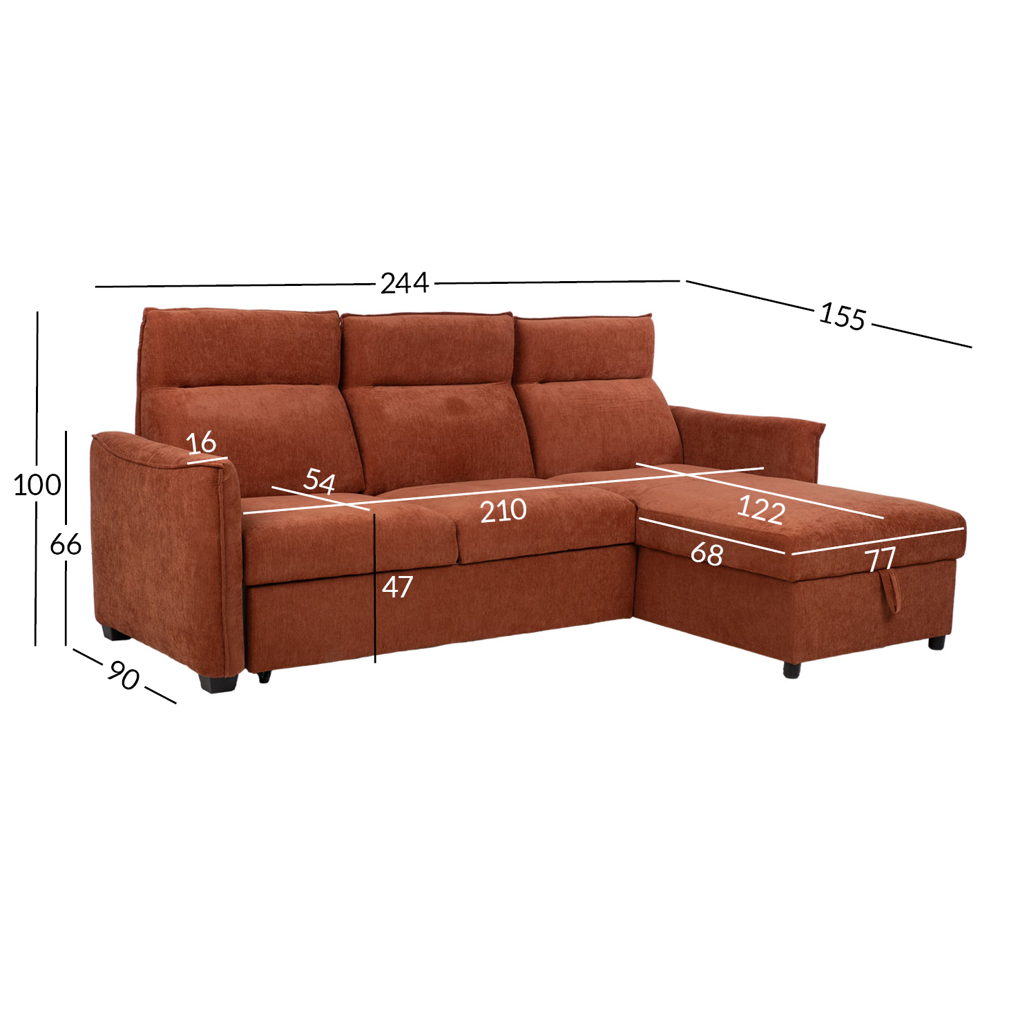 Nurgadiivanvoodi SCALA 244x155/88xH102cm, roostepruun - Pilt 12