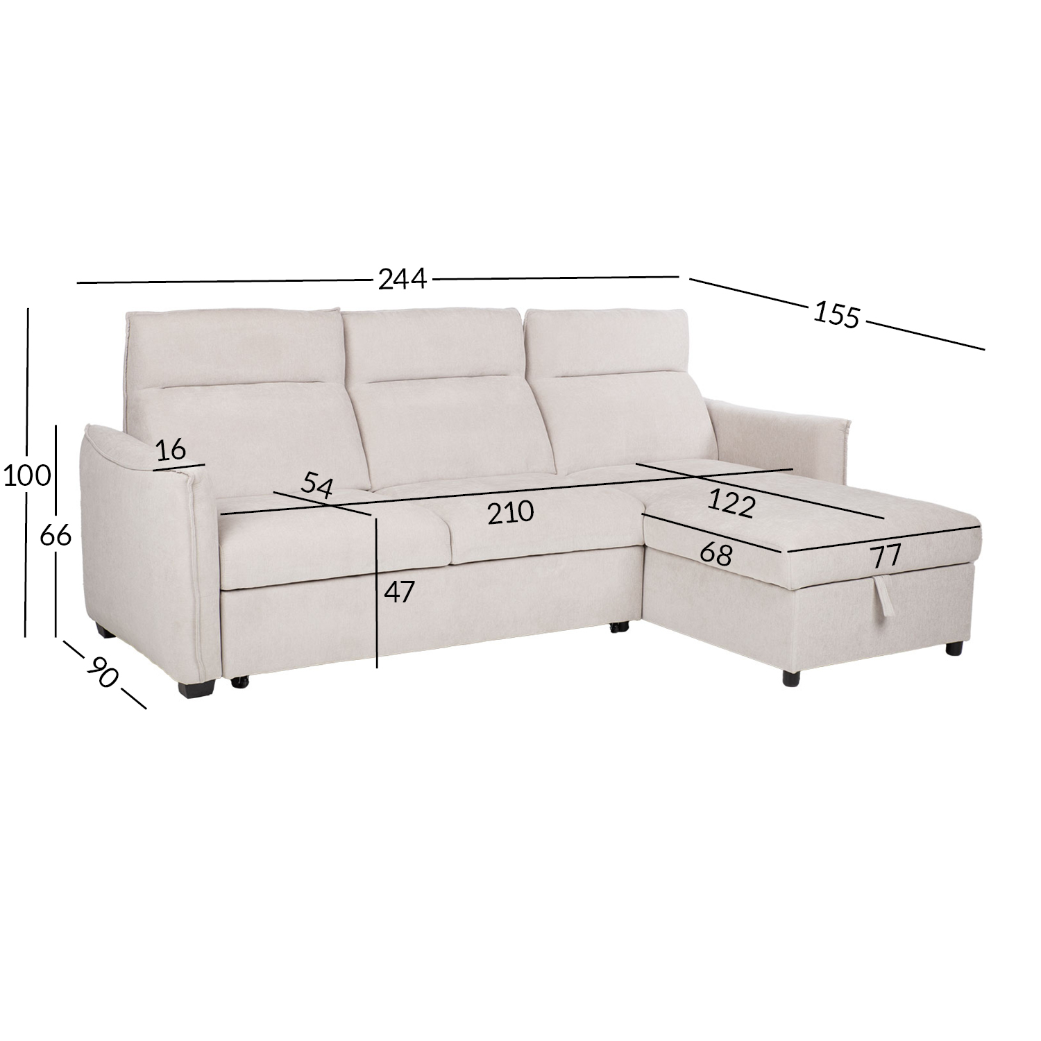 Nurgadiivanvoodi SCALA 244x155/88xH102cm, helehall - Pilt 11